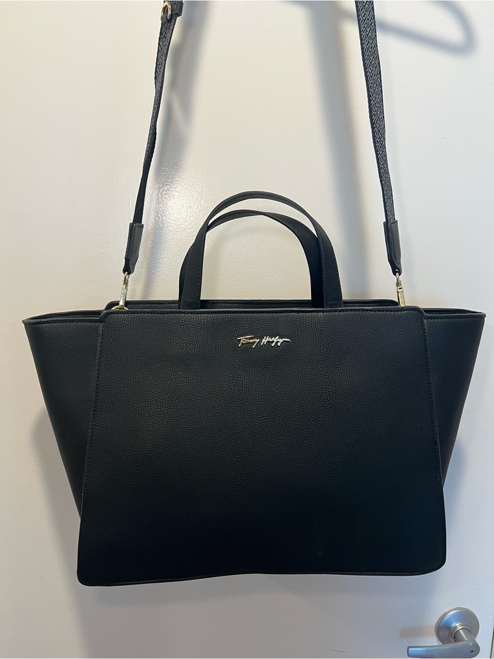 Tommy Hilfiger Black Pebble Leather Satchel with Gold Logo and Hardware
